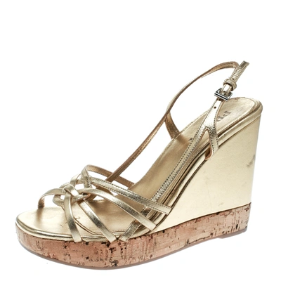 Pre-owned Prada Gold Leather Sligback Platform Wedge Sandals Size 36