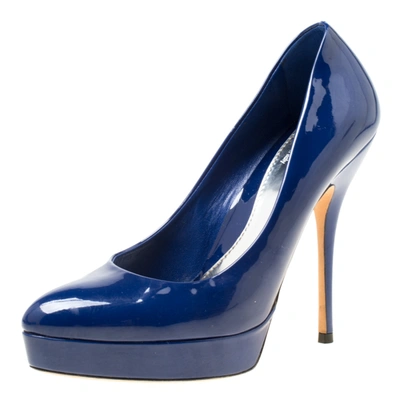 Pre-owned Gucci Blue Patent Leather Platform Pumps Size 36.5