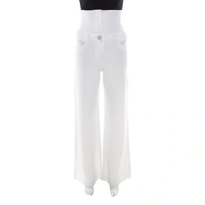 Pre-owned Chanel White Textured Cotton High Waisted Wide Leg Trousers S