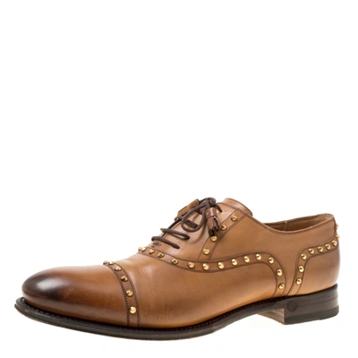 Pre-owned Gucci Brown Leather Studded Lace Up Oxfords 40.5 In Tan