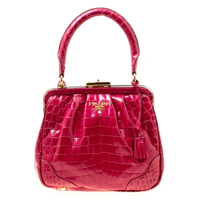 Pre-owned Prada Pink Crocodile Frame Top Handle Bag
