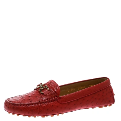 Pre-owned Ferragamo Red Ostrich Leather Saba Loafers Size 40