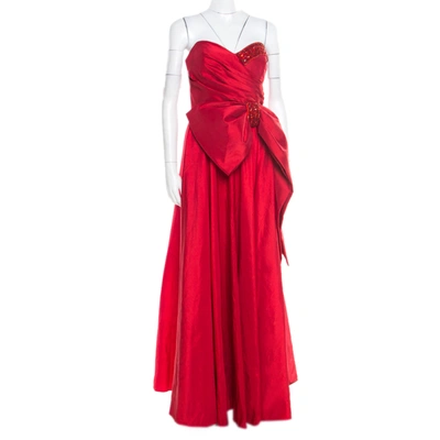 Pre-owned Marchesa Notte Red Embellished Trim Bow Detail Strapless Gown M