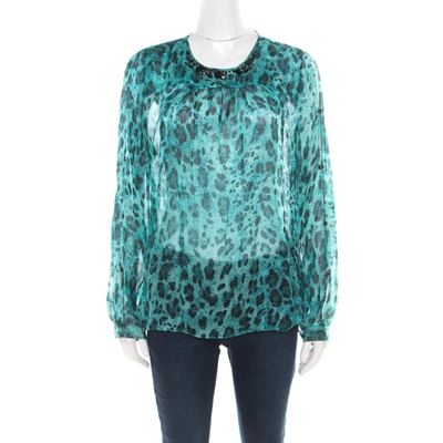 Pre-owned Blumarine Blue And Black Animal Printed Silk Embellished Neck Blouse M