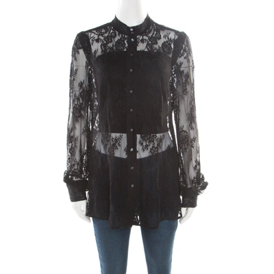 Pre-owned Mcq By Alexander Mcqueen Black Floral Lace Long Sleeve Blouse L
