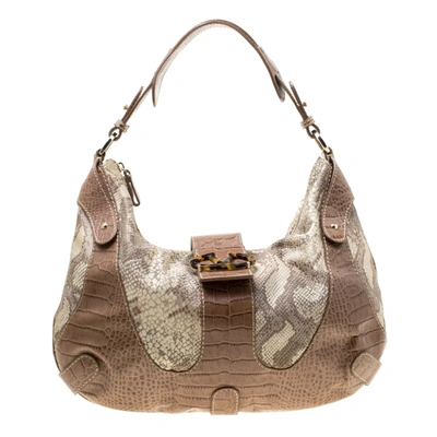 Pre-owned Valentino Garavani Beige Croc Embossed Leather And Python Print Canvas Hobo