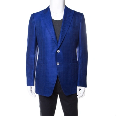 Pre-owned Tom Ford Cobalt Blue Textured Linen Silk Tailored Blazer L