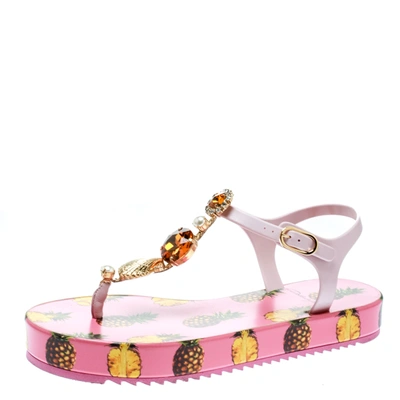 Pre-owned Dolce & Gabbana Pink Rubber Pineapple Print Crystal Embellished Platform Thong Sandals Size 39