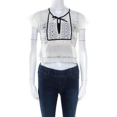 Pre-owned Chloé Off White Lace Contrast Velvet Tie Scallop Trim Detail Cropped Top S