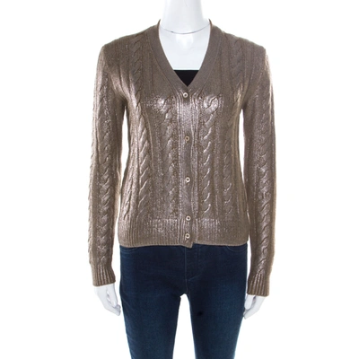 Pre-owned Prada Brown Metallic Coated Cable Knit Wool And Cashmere Cardigan S