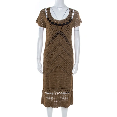 Pre-owned Diane Von Furstenberg Dull Gold Perforated Crochet Knit Kalakaua Dress L