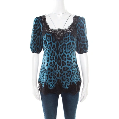 Pre-owned Dolce & Gabbana Blue Leopard Printed Silk Scalloped Lace Detail Blouse S