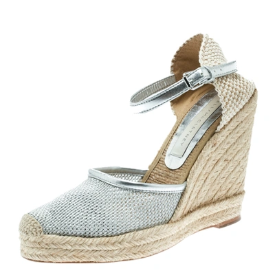 Pre-owned Stella Mccartney Metallic Silver Fabric And Faux Leather Espadrille Wedge Sandals Size 36