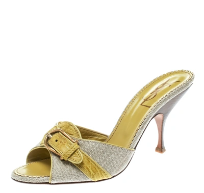 Pre-owned Charlotte Olympia Saint Laurent Paris Lime Green/beige Leather And Canvas Buckle Details Slide Sandals Size 41