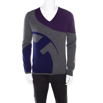 Pre-owned Gucci Melange Grey Patterned Wool V Neck Sweater L
