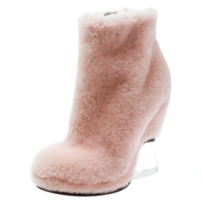Pre-owned Fendi Light Pink Shearling Fur Ice Heel Ankle Boots Size 39