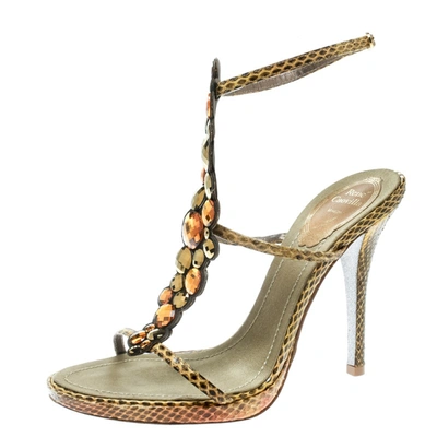 Pre-owned René Caovilla Yellow Python Crystal Embellished Strappy Sandals Size 37.5