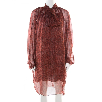 Pre-owned Saint Laurent Red Printed Silk Chiffon Neck Tie Detail Long Sleeve Dress L