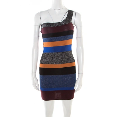 Pre-owned M Missoni Colorblock Striped Lurex Knit One Shoulder Bodycon Dress S In Multicolor