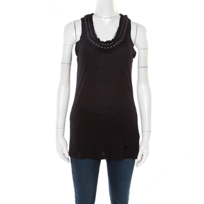 Pre-owned Lanvin Black Embellished Neck Raw Edge Detail Tank Top Xs