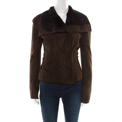 Pre-owned Lanvin Chocolate Brown Lambskin Leather Shearling Lined Biker Jacket M