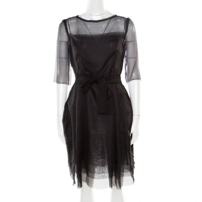 Pre-owned Lanvin Black Silk Organza Raw Edge Detail Sheer Yoke Layered Dress S