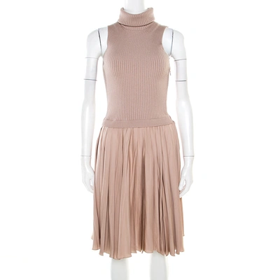 Pre-owned Valentino Beige Ribbed Wool And Silk Pleated Sleeveless Turtleneck Dress M
