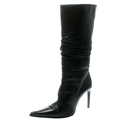 Pre-owned Le Silla Black Leather Rucched Detail Calf Length Pointed Toe Boots Size 38