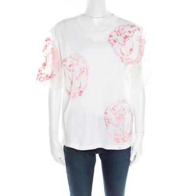 Pre-owned Alexander Mcqueen White Cotton Floral Embroidered Silk Sleeve Detail Oversized T-shirt S