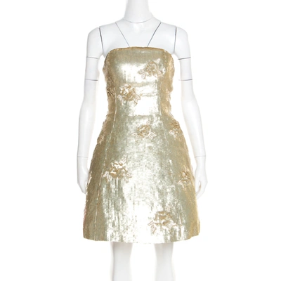 Pre-owned Oscar De La Renta Matte Gold Sequin Embellished Strapless Mini Dress S