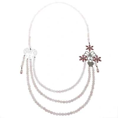 Pre-owned Dior Pink Crystal Heart Flower Motif Rose Quartz Beads Multistrand Necklace