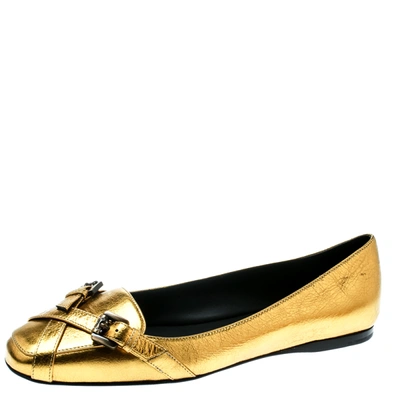 Pre-owned Bottega Veneta Antique Gold Leather Cross Buckle Strap Flats Ballet Size 38