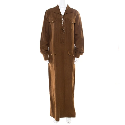 Pre-owned Michael Kors Micahel Kors Pecan Brown Linen Silk Lace Up Safari Dress L