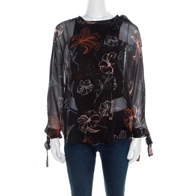 Pre-owned Diane Von Furstenberg Black Fenelon Print Silk Wrap Top L