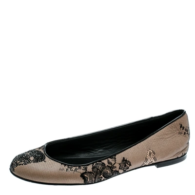 Pre-owned Giuseppe Zanotti Black Mesh And Crystal Embellished Ballet Flats Size 38 In Beige