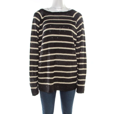 Pre-owned Brunello Cucinelli Black Linen Silk Sequin Embellished Striped Sweater Xxl