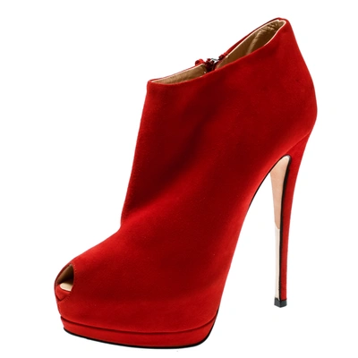 Pre-owned Giuseppe Zanotti Red Suede Ankle Length Peep Toe Platform Booties Size 38.5