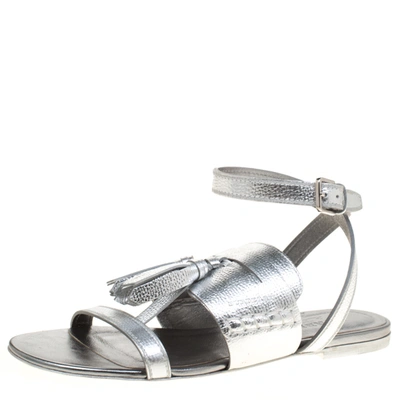 Pre-owned Burberry Metallic Silver Leather Bethany Tassel Detail Flat Sandals Size 38.5