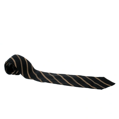 Pre-owned Giorgio Armani Cravatte Black And Beige Diagonal Striped Jacquard Traditional Tie