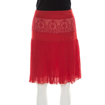 Pre-owned Blumarine Red Floral Lace Insert Crinkled Silk Skirt S