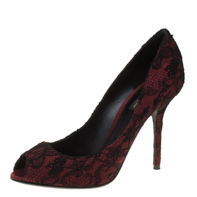 Pre-owned Dolce & Gabbana Burgundy Satin And Black Lace Peep Toe Pumps Size 38