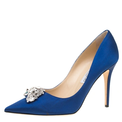 Pre-owned Jimmy Choo Exclusive Collection Electric Blue Satin Manda Crystal Embellished Pointed Toe Pumps Size 41