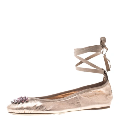 Pre-owned Jimmy Choo Metallic Rose Leather Grace Crystal Embellished Ankle Wrap Ballet Flats Size 41