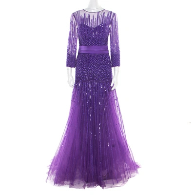 Pre-owned Zuhair Murad Purple Sequin Embellished Mesh Tulle Bottom Long Sleeve Gown L