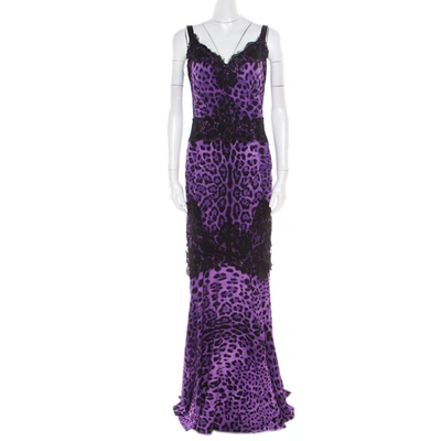 Pre-owned Dolce & Gabbana Purple Leopard Printed Silk Lace Trim Ruched Maxi Dress M