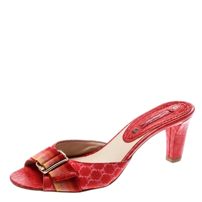 Pre-owned Celine Red Croc Embossed Leather And Fabric Slide Sandals Size 36