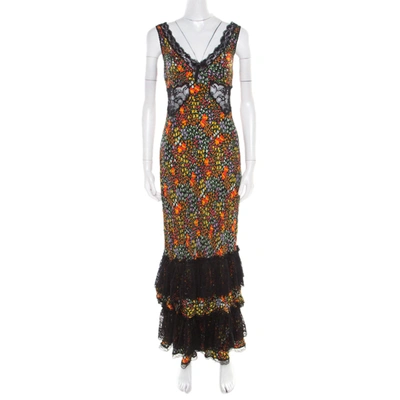 Pre-owned Dolce & Gabbana Multicolor Floral Print Silk Sheer Lace Insert Sleeveless Maxi Dress M In Black