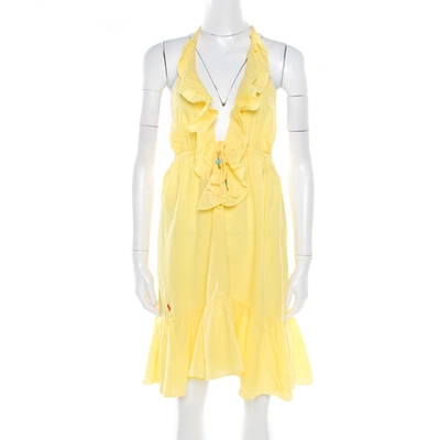 Pre-owned Ralph Lauren Yellow Crinkled Cotton Ruffled Halter Sundress M