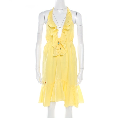 Pre-owned Polo Ralph Lauren Yellow Crinkled Cotton Ruffled Halter Sundress M