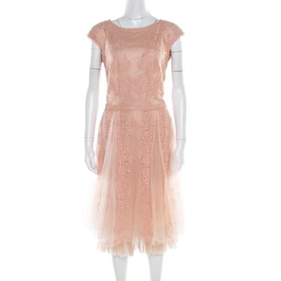 Pre-owned Tadashi Shoji Peach Floral Lace Overlay Sleeveless Layered Tulle Dress M In Pink